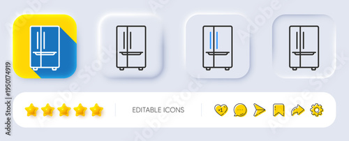 Two-chamber refrigerator line icon. Neumorphic, Flat shadow, 3d buttons. Fridge sign. Freezer storage symbol. Line refrigerator icon. Social media icons. Vector