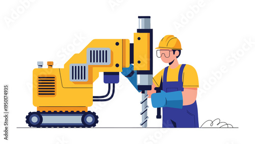 Construction Worker at Work: A construction worker in a yellow hard hat and safety goggles expertly operates a drilling machine at a construction site, focused on their task.