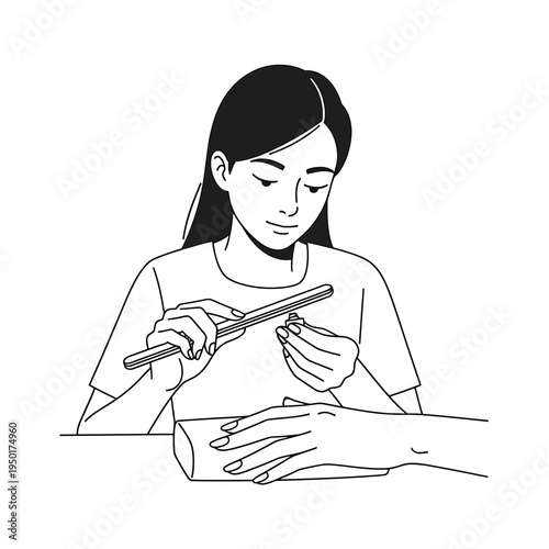 Woman Filing Nails in Monochrome Illustration