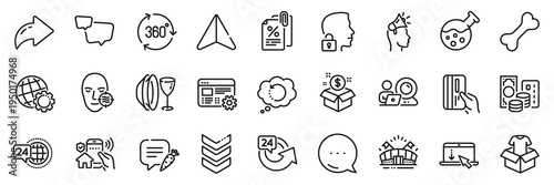 Video conference, Web settings and Dog bone line icons pack. Share, Message, Paper plane icons. Post package, Clothing, Brand ambassador web icon. Globe, Dish plate, Sports arena pictogram. Vector