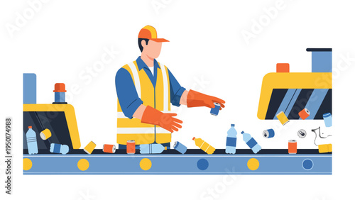 Eco-Friendly Sorting: A worker expertly sorts recyclable materials on an automated conveyor belt, symbolizing sustainability and eco-conscious practices.
