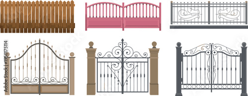 Collection of decorative gates and fences showcasing wooden, metal, and wrought iron designs with ornate scrollwork, pillars, and modern architectural styles for exterior home and garden security