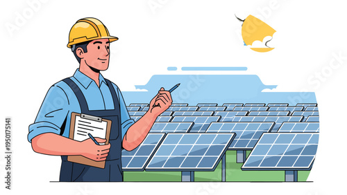 Solar Panel Inspector: An inspector in a yellow hardhat meticulously surveys a vast solar panel array. This image captures the essence of renewable energy, sustainability, and technological progress.