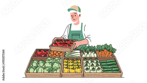 Fresh Produce Display: A dedicated vendor meticulously arranges a colorful array of fresh produce at a vibrant market stall.