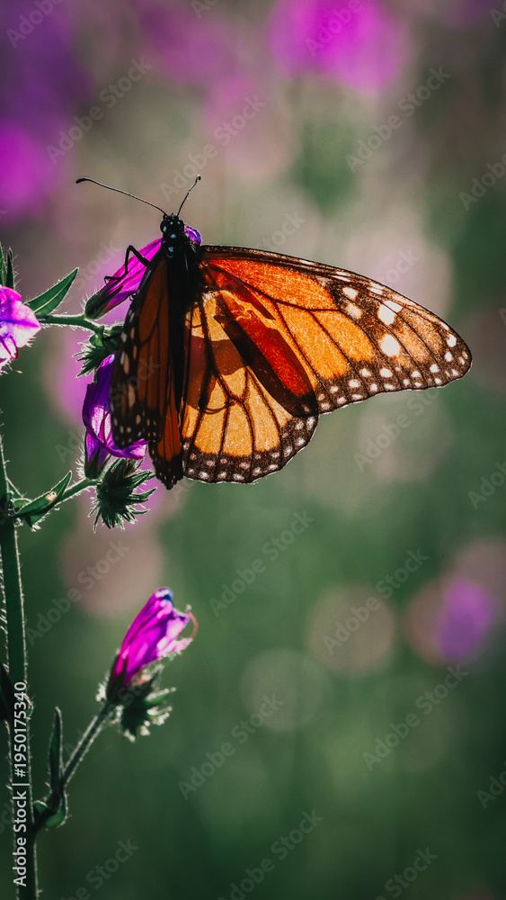 Obraz premium Mariposa, monarca, naranja, alas, patrón, venas, negras, puntos, blancos, posada, flor, púrpura, néctar, naturaleza, jardín, primavera, verano, delicadeza, fragilidad, belleza, insecto, detalle, macro