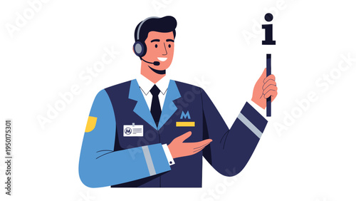Helpdesk Operator: A friendly operator, adorned in uniform and headset, extends a welcoming gesture while pointing towards a symbolic information icon, exuding professionalism and approachability.