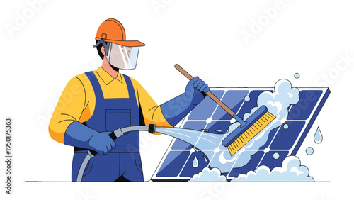 Solar Panel Cleaning: A worker diligently cleans a solar panel with a water hose and brush, highlighting the importance of maintenance in harnessing clean energy.