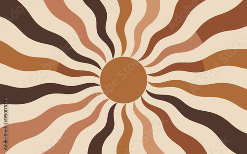 Retro bohemian sunburst background with wavy radiating rays in vintage earth tones of brown tan and cream for 70s style posters.