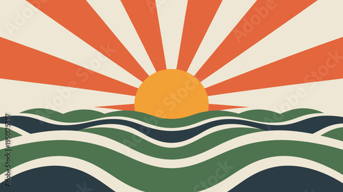 Retro sunset over ocean waves landscape with radiating sun rays and wavy sea in vintage orange green and cream colors.