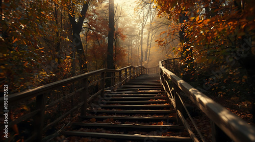 Wallpaper Mural Wooden staircase leading through vibrant autumn forest with golden light Torontodigital.ca