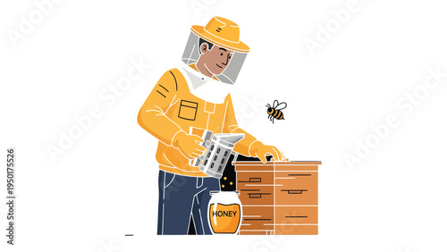 Beekeeper in Action: A beekeeper meticulously tends to the bee, clad in protective gear and the apiary, and honey is prepared, capturing the symbiotic connection between humans and nature.