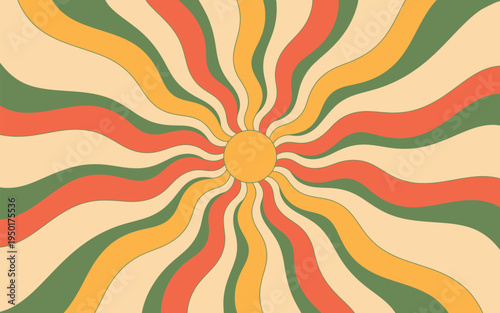 psychedelic sunburst background with colorful wavy rays of orange, yellow, and green emanating from a central vintage sun circle.

