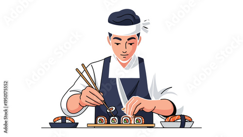 Sushi Chef: A skilled chef expertly prepares fresh sushi rolls, using chopsticks to arrange the delicate ingredients with precision, embodying culinary artistry.