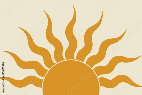 Retro minimalist golden yellow sun rising with wavy heat rays against a neutral cream background in a vintage 70s style.
