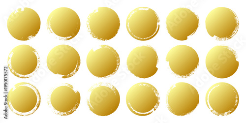 Golden grunge circles, brush strokes, lines, ink smudges, hand-drawn scribble shapes. Handmade sketchy marks, acrylic stains, charcoal streaks. Paint textures, dry brush effect. Vector illustration