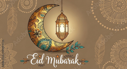 Eid mubarak greeting card with crescent moon and lantern on brown background with floral patterns