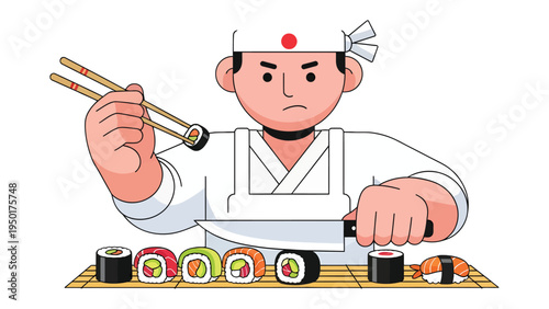 Sushi Chef's Craft: A skilled sushi chef, with intense focus and precision, expertly prepares a colorful array of sushi rolls, embodying the artistry of Japanese cuisine.