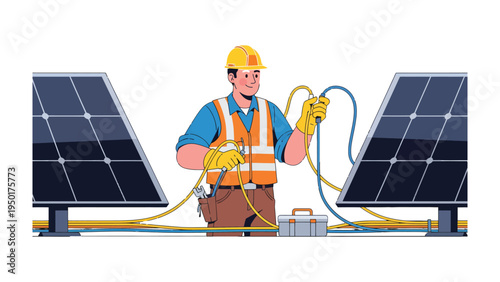 Powering the Future: An engineer diligently connects solar panels, symbolizing the promise of sustainable energy and technological advancement.