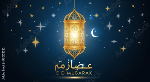 Eid mubarak greeting card with golden lantern crescent moon and stars on dark blue background