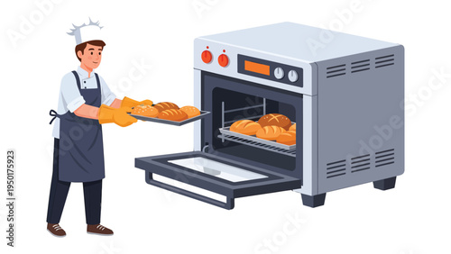 Baker's Baking Journey: A skilled baker tending to a commercial oven, with freshly baked bread.
