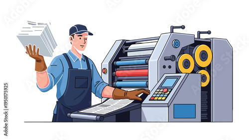 Industrial Print Master at Work: A skilled artisan operates a large, modern printing press with precision, ensuring the high-quality output of printed materials.