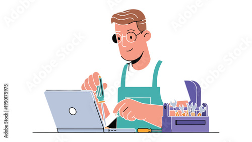Tech Support Specialist: A skilled tech support specialist, adorned in an apron, focuses intently on laptop diagnostics, accompanied by his trusty tool kit.