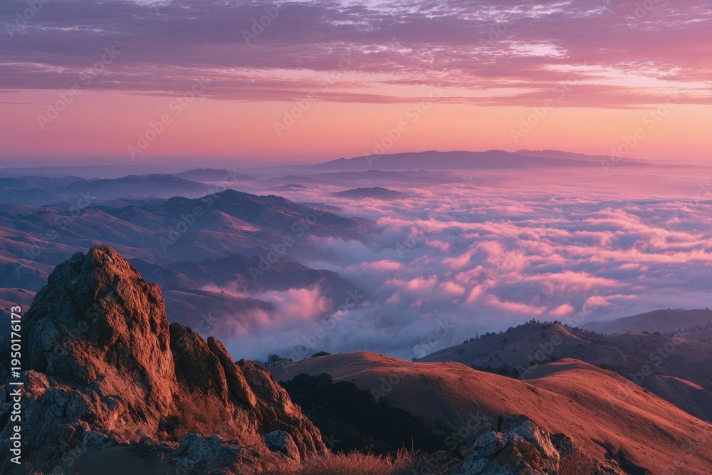 Naklejka premium Dawn over a mountaintop with rosy cloudscape and expansive sky