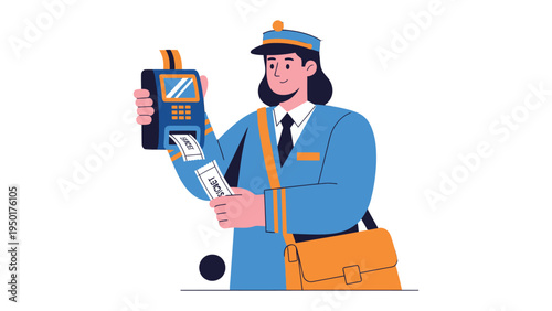 Mail Carrier's Digital Transaction: A mail carrier is depicted handling a digital transaction at work, showcasing modern postal service operations. 