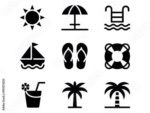 Beach and summer icons in black and white featuring sun umbrella sailboat flip flops palm trees