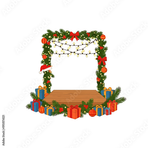 Christmas Podium Decorated with Garlands and Gifts