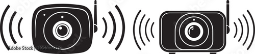 Wireless Security Camera Icons: Black and White Vector Illustration of Surveillance Devices with Signal Waves with Camera Icon with Surveillance System with Home Security