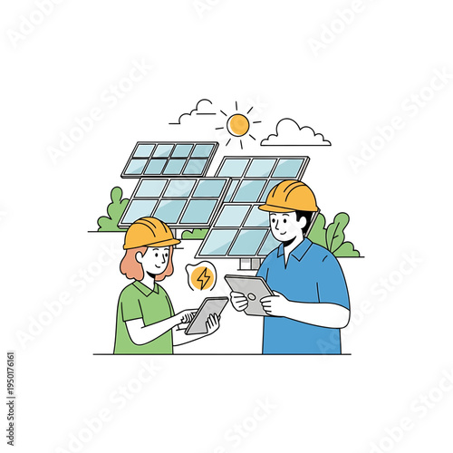 Engineers Inspecting Solar Panels with Digital Tablets