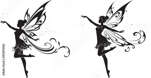 Black silhouette of two fairies with delicate wings, dancing gracefully on a white background. Magical, whimsical, fantasy vector illustration