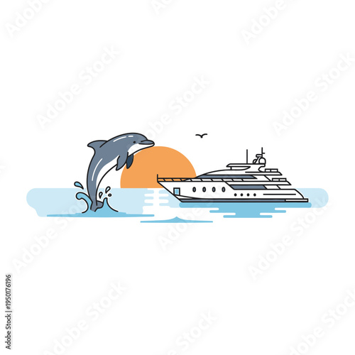 Dolphin Jumping Near a Luxury Yacht at Sunset