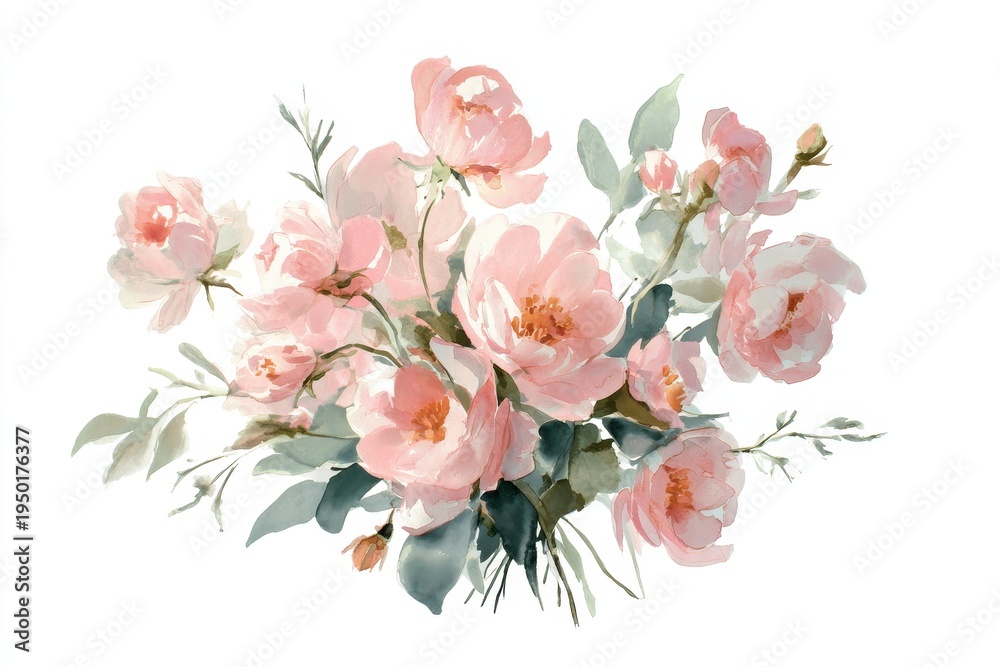 Fototapeta premium Delicate blush flowers and greenery in a watercolor botanical painting, isolated on white backdrop