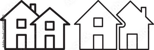 Simple line drawings of three houses in a row, representing real estate, home ownership, and neighborhood. Residential, property icon, Line Art, White Background