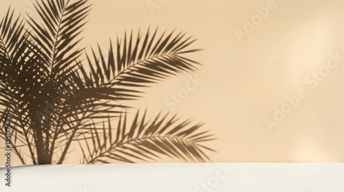 Palm tree leaves cast a shadow on a white wall with a warm beige background.