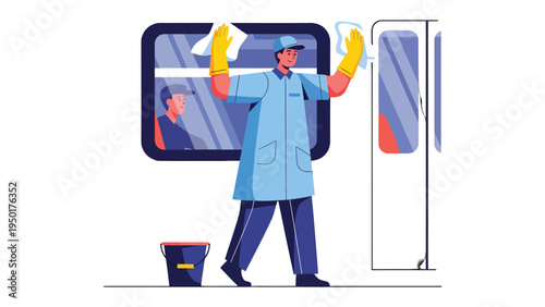 Train Cleaning in Progress: A sanitation worker meticulously cleans a train interior, ensuring a hygienic environment, featuring professional care and attention to detail.