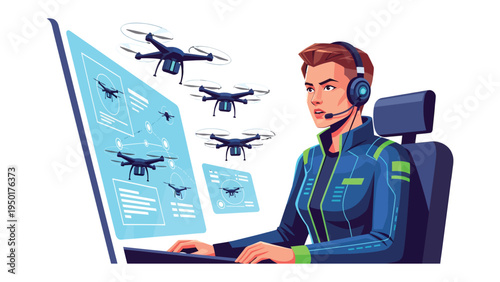 Drone Controller in Action: A focused operator controls a fleet of drones, showcasing technological prowess and precision.