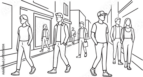 Urban Street Scene With People Walking, Casual Pedestrians and Friends in Downtown Illustration