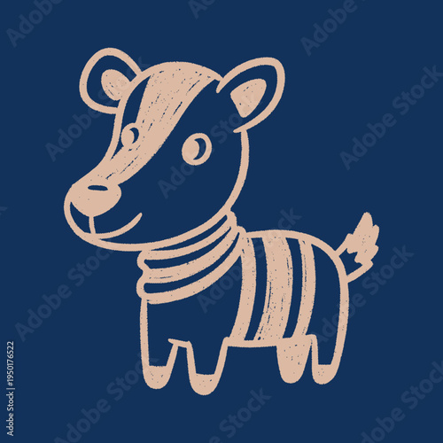 Charming vector illustration of a playful stylized animal in a textured crayon art style, a beige creature on a dark blue background with copy space