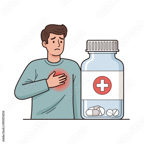 Man with chest pain holding his chest, next to a bottle of pills, medical concept