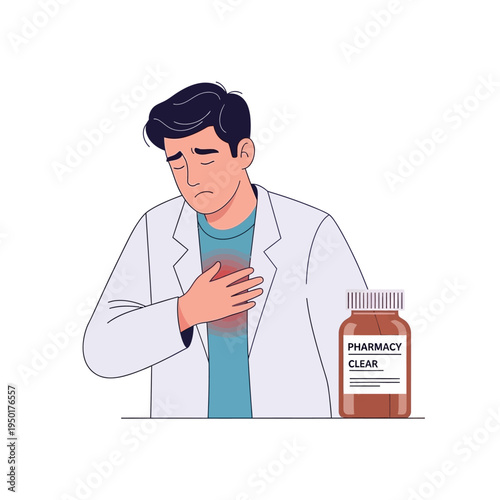 Man with chest pain holding his chest, medicine bottle nearby