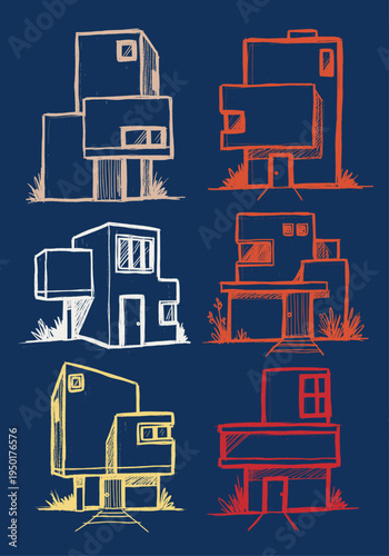 Abstract hand-drawn vector illustration set of modern minimalist houses with rough sketch lines, colorful architectural designs on a dark blue background