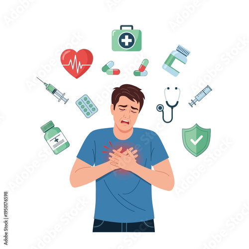 Man with chest pain surrounded by medical icons, healthcare concept