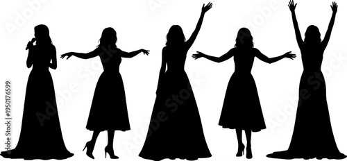 female singer silhouettes collection, woman vocal performance, microphone stage artist, live music concert, entertainment show poses, professional singer