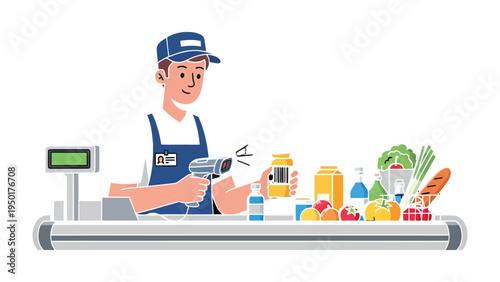 Efficiency at the Checkout: A dedicated cashier expertly scans groceries with a handheld scanner at a bustling supermarket checkout, streamlining the shopping experience.
