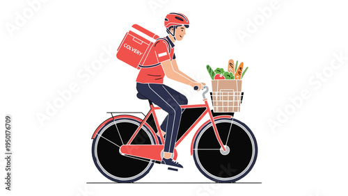 Speedy Courier: A focused delivery person pedals a bicycle, navigating urban streets with a load of fresh groceries.