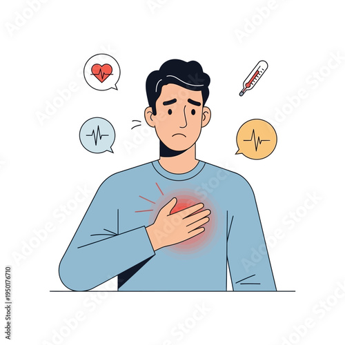 Man with chest pain, heart issues, and fever symptoms, medical concept