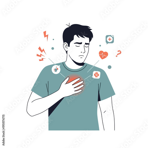 Man with chest pain, heart problem, medical emergency, healthcare concept